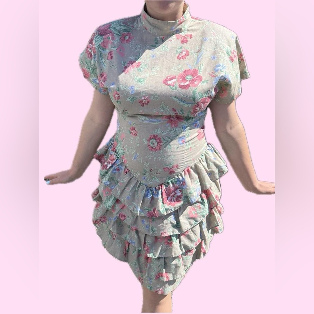 One-of-a-Kind Vintage Handmade Floral Ruffle Mock Neck Dress